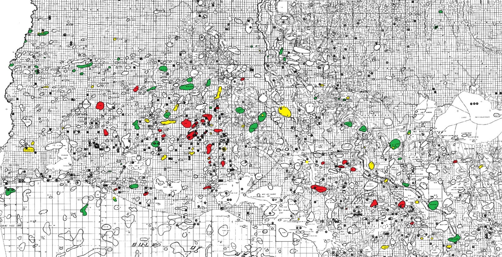 South Louisiana base map showing gas discoveries, oil discoveries, and prospects associated with Joe Phillips and Charley Whipp's geological work